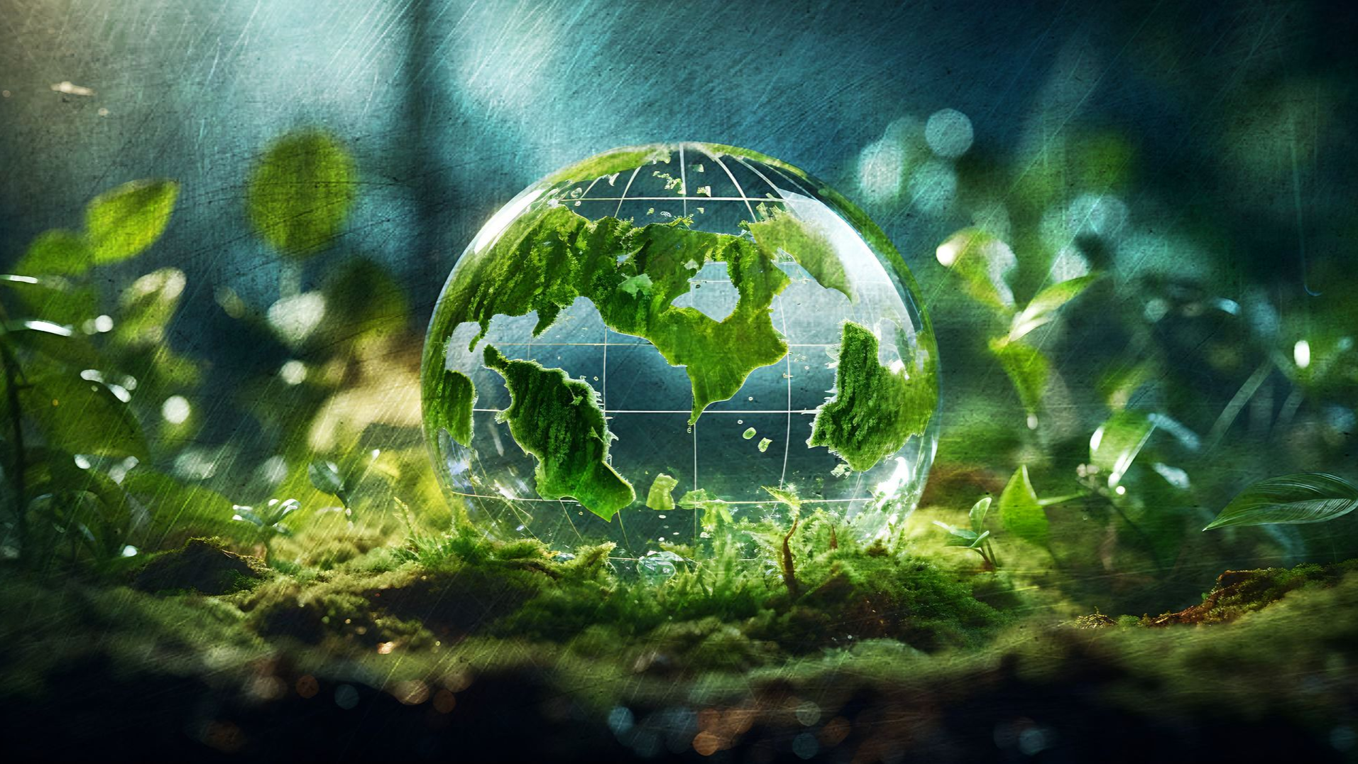 Image of a crystal globe of earth in a green forest.